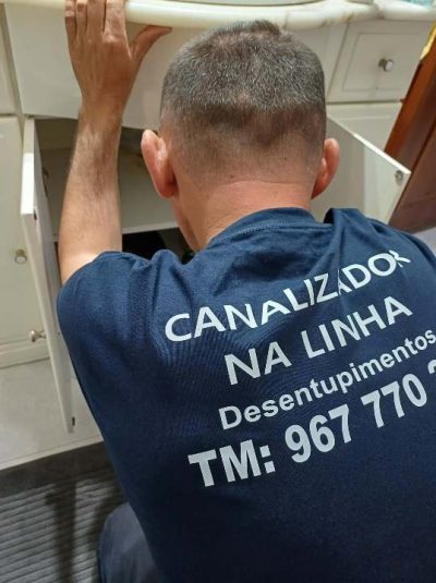 O empregado do canalizador na linha a reparar o lavatório da casa de banho